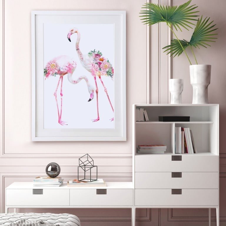 Wildlife Botanical Two Flamingos Art