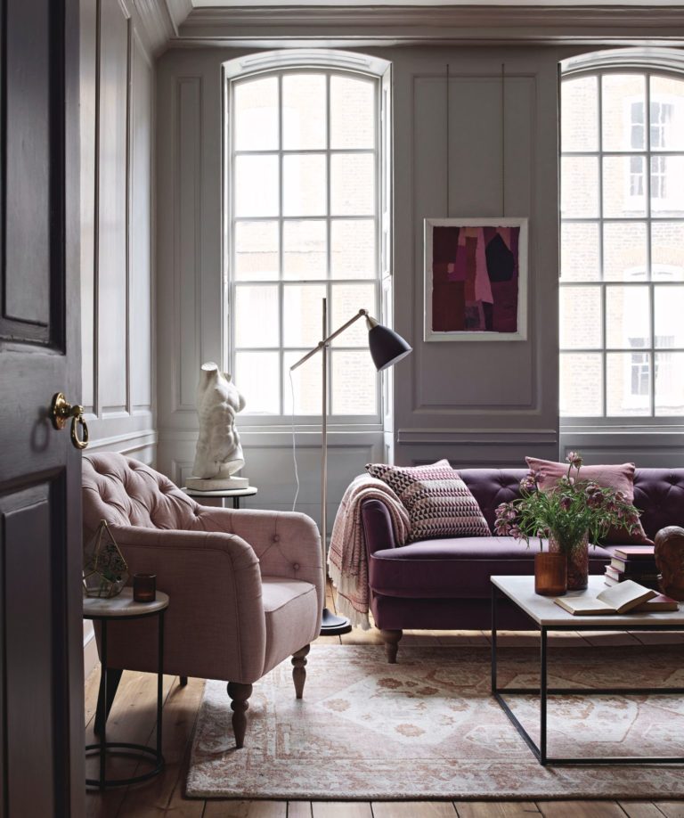 Marks and Spencer pink armchair and large sofa with marble coffee table