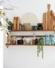 Wooden kitchen shelves with Glass Jars, Acacia Salt & Pepper Mill and Recycled Glass Tumblers.