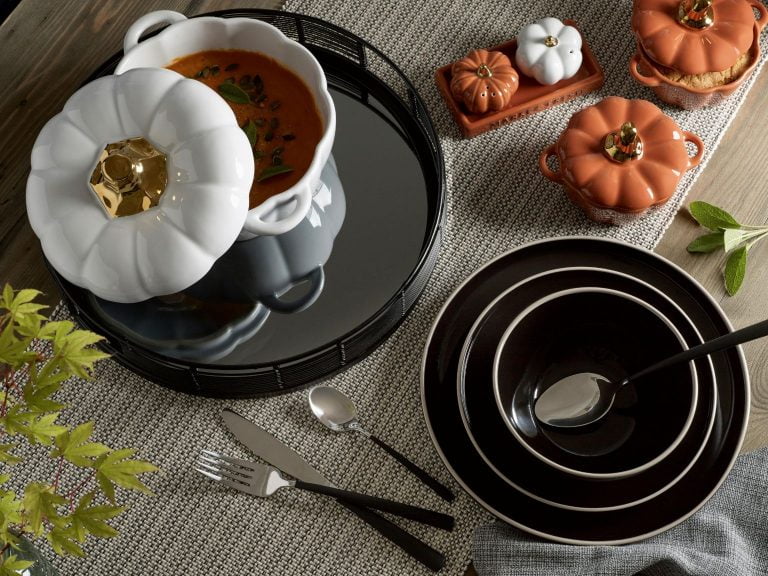 White and gold pumpkin casserole dish, orange pumpkin ramekins and little pumpkin salt and pepper set.