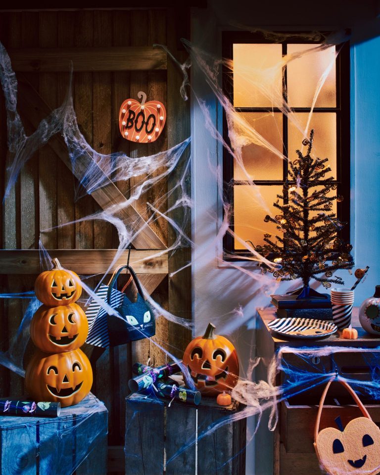 Plastic light-up pumpkins and party accessories from Sainsbury's.