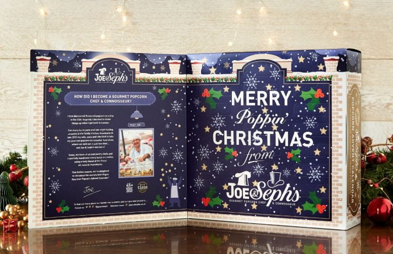 Open book style advent calendar filled with vegan popcorn by Joe & Seph's