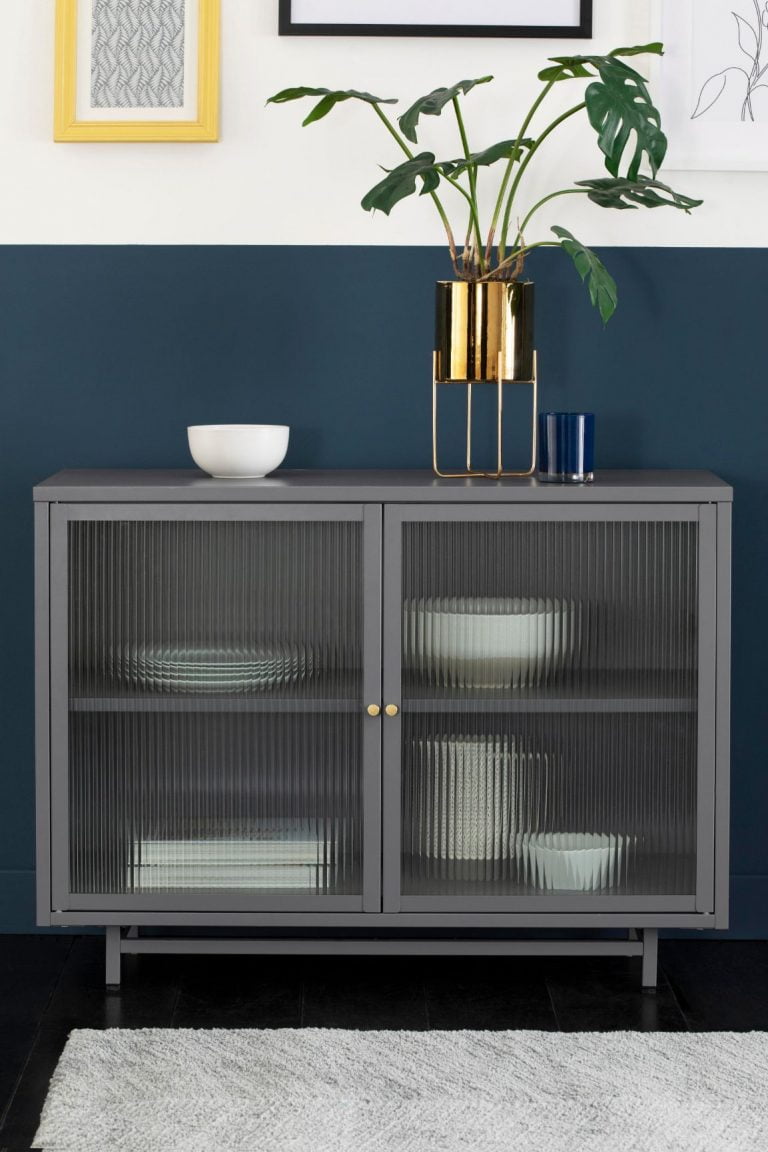 Dark Grey Metal and Frosted Glass Sideboard by Next