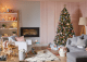Bright colourful lounge with Christmas tree