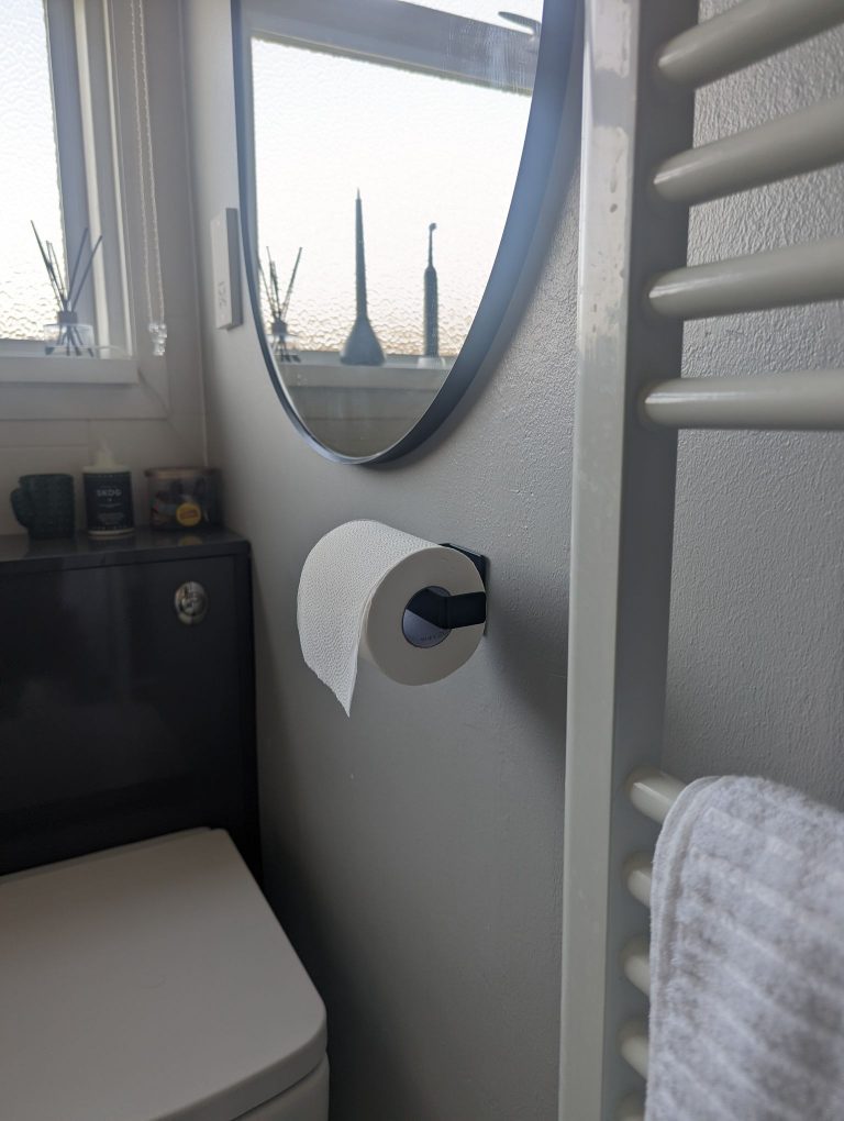 Bathroom with black accents.