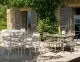 Modern outdoor metal square dinning table with chairs.
