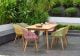 Outdoor dinning chairs made from recycled plastic with an FSC certified eucalyptus dining table.