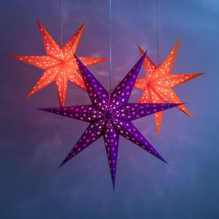 Sparkling orange and purple light up stars for halloween.