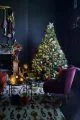 Dark blue living room with purple armchair, fireplace and a large decorated Christmas tree.
