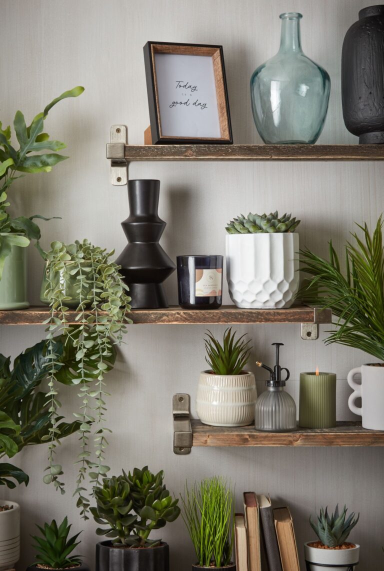 Wooden shelves with faux plants from B&M.