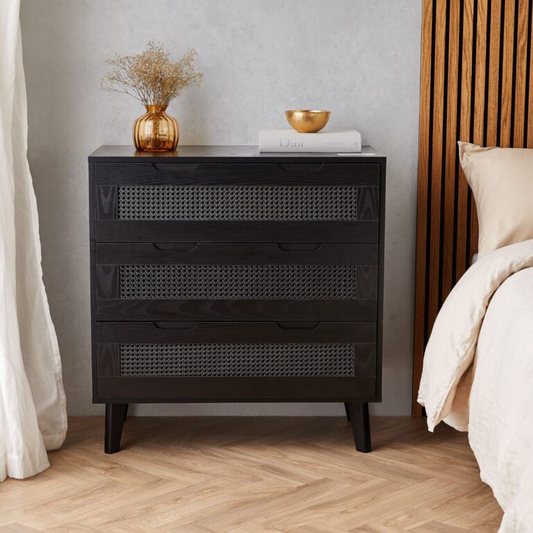 Vonhaus - Black Rattan 3 Drawer Chest of Drawers