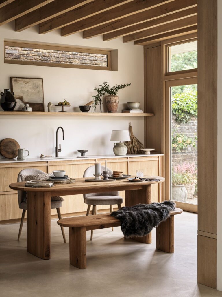 A kitchen with a wooden table and bench. The table is in the center of the kitchen and is made of dark wood. The bench is also made of dark wood and is located against the wall. There is a window behind the table and bench, and the view outside is of a garden.