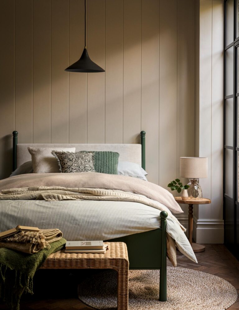 A cosy bedroom with a green painted bed frame. The bed is made up with a white striped duvet cover and beige pillows. A wicker bench sits at the foot of the bed with a green throw and a book on top. The walls are painted a warm, neutral colour and a black pendant light from Habitat hangs from the ceiling. The room also features a side table with a lamp and a glass vase. Products are from Habitat.