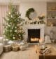 This living room is all ready for Christmas! It's got a beautiful decorated tree, a cosy fireplace with twinkling candles, and a mountain of wrapped presents.