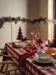 Red gingham tablecloth over a dining table, ready for a Christmas dinner. Berry dinner plates and bowls from M&S sat upon placemats.